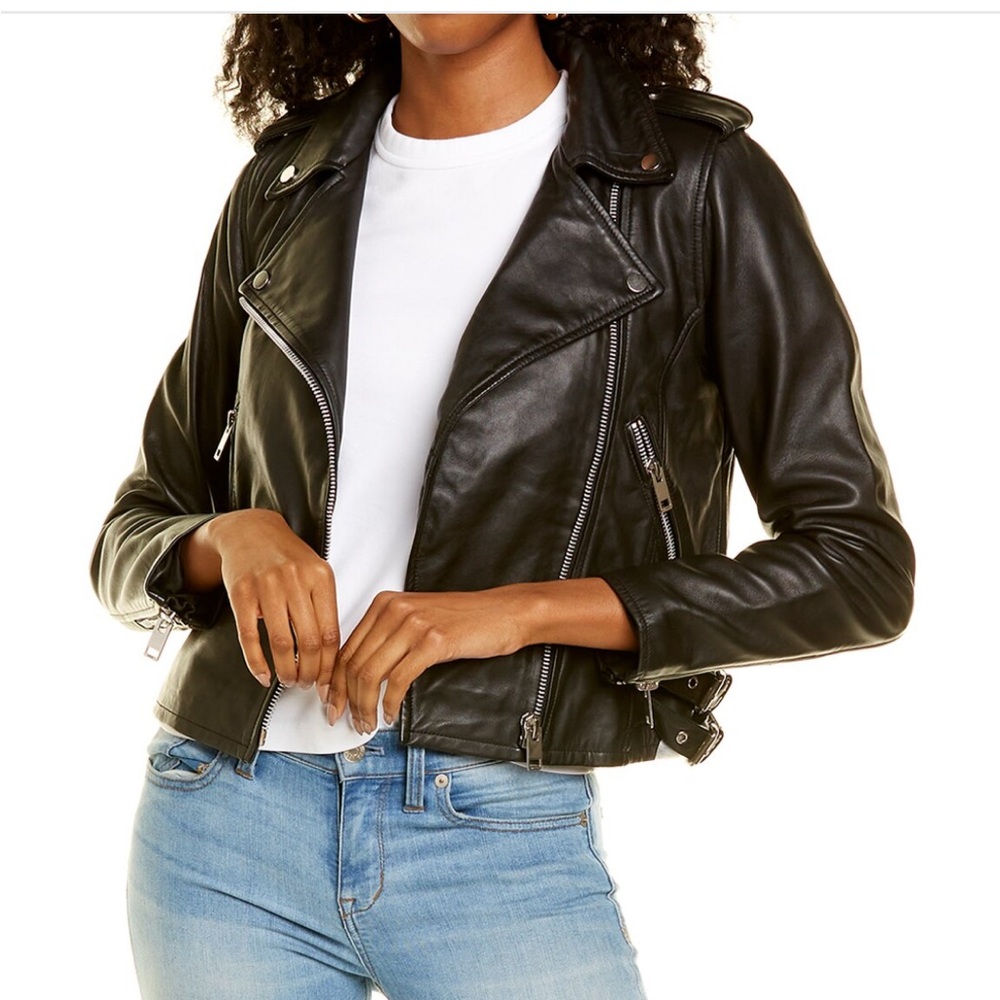 Walter Baker Black Leather Moto Jacket Asymmetrical Zipper Notched Lapel